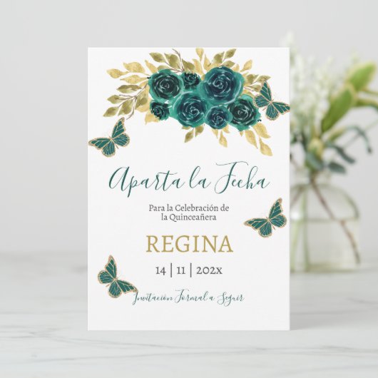 Greenery Butterfly Quinceanera Save The Date (Stehend Vorderseite)