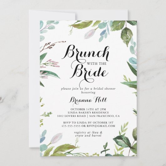 Greenery Calligraphy Brunch mit Bride Shower Einladung (Vorderseite)