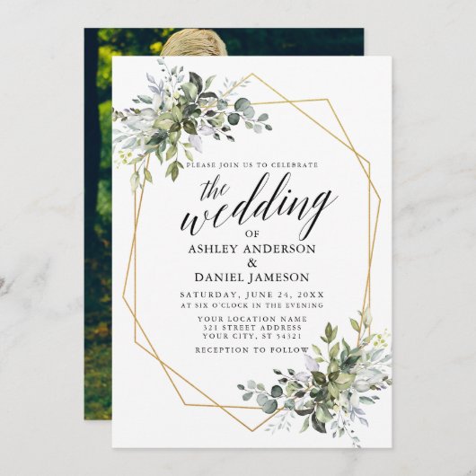 Greenery Calligraphy Foto Geometric Wedding Einladung (Vorne/Hinten)