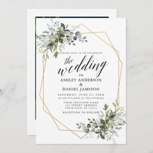 Greenery Calligraphy Geometric Foto Wedding Einladung (Vorne/Hinten)