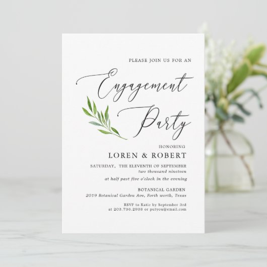 Greenery Calligraphy Rustic Engagement Party Einladung (Stehend Vorderseite)
