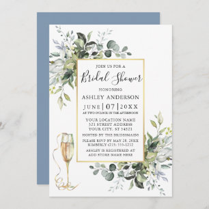 Greenery Champagne Glass Dusty Blue Dusche Einladung