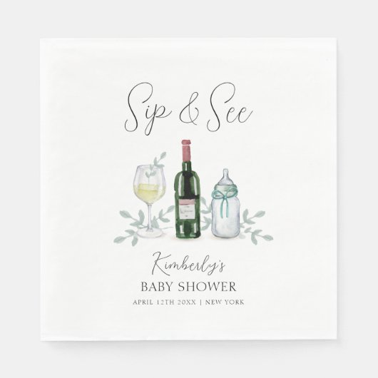 Greenery Champagne Sip & See Baby Dusche Serviette (Vorderseite)