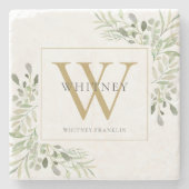Greenery Chic Gold Monogram Steinuntersetzer (Vorderseite)