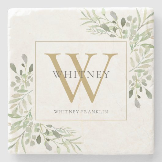 Greenery Chic Gold Monogram Steinuntersetzer (Vorderseite)