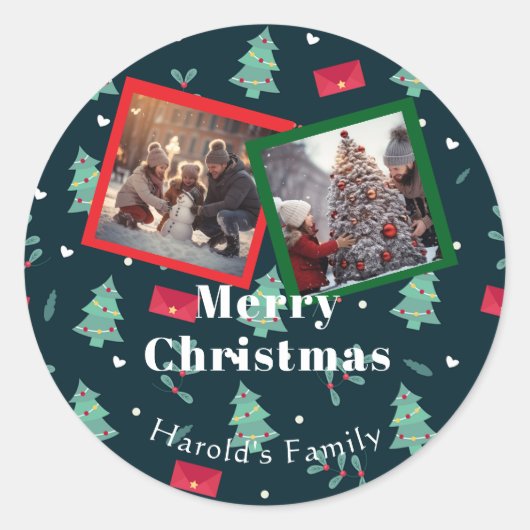 Greenery Christmas Monogram Foto Runder Aufkleber (Vorderseite)