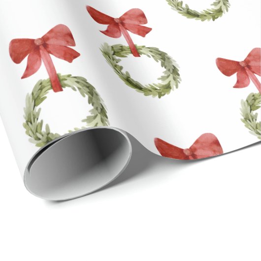 Greenery Christmas Wreath Red Bow Geschenkpapier (Rolleneckpunkt)