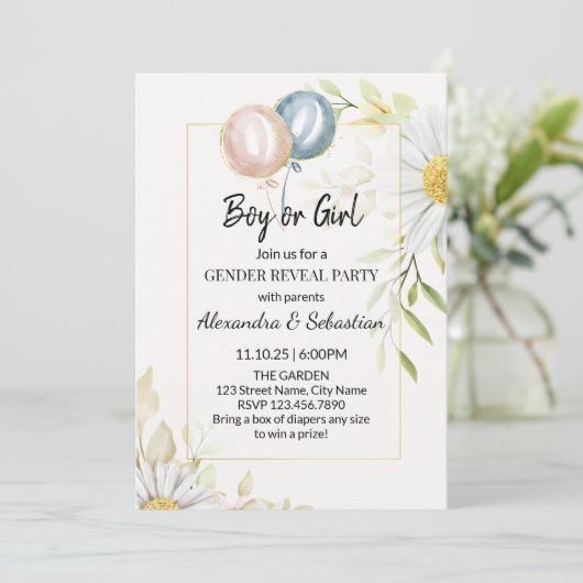 Greenery Chrysanthemum Gender Reveal Einladung (Stehend Vorderseite)