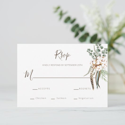 Greenery Cotton Boho Wedding RSVP Card (Stehend Vorderseite)