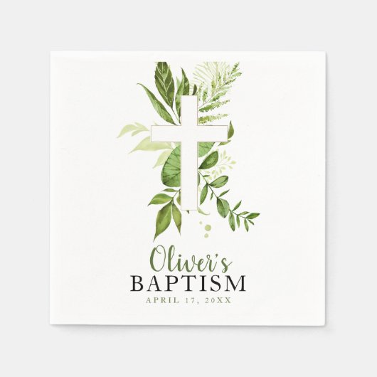 Greenery Cross Boy Baptism Serviette (Vorderseite)
