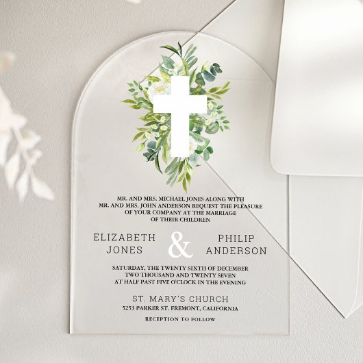 Greenery Cross Catholic Wedding Acryleinladungen