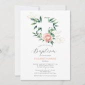 Greenery Cross Pink Blush Gold Baby Girl Taufe Einladung (Vorderseite)