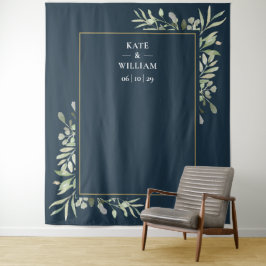 Greenery Deep Sea Blue Wedding Foto Booth Wandteppich