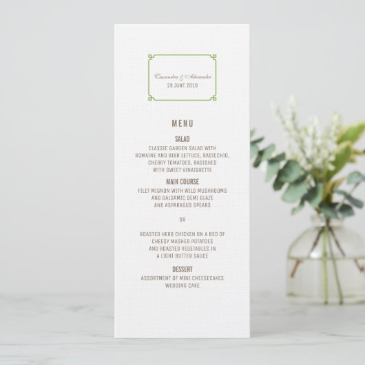 Greenery Deko Chic Wedding Menu Menükarte (Stehend Vorderseite)
