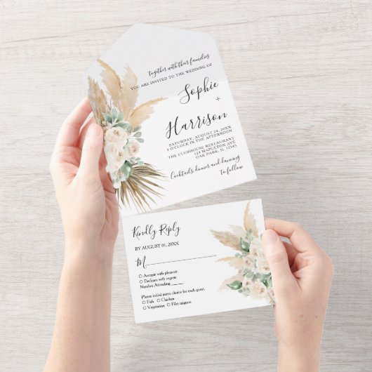 Greenery Desert Boho Pampas Grass Wedding All In One Einladung (Abreißen)