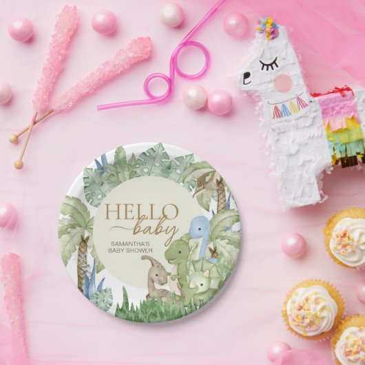 Greenery Dinosaur Babydusche Pappteller (Party)