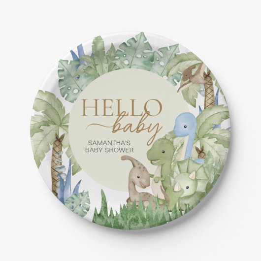 Greenery Dinosaur Babydusche Pappteller (Vorderseite)
