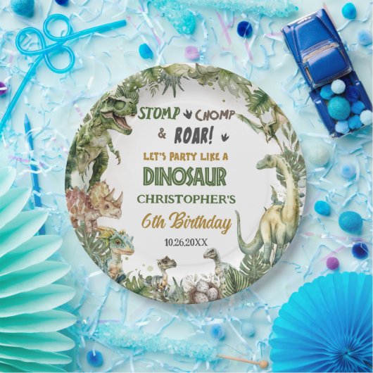 Greenery Dinosaurs Jurassic Boy Birthday Round Pappteller (Party)
