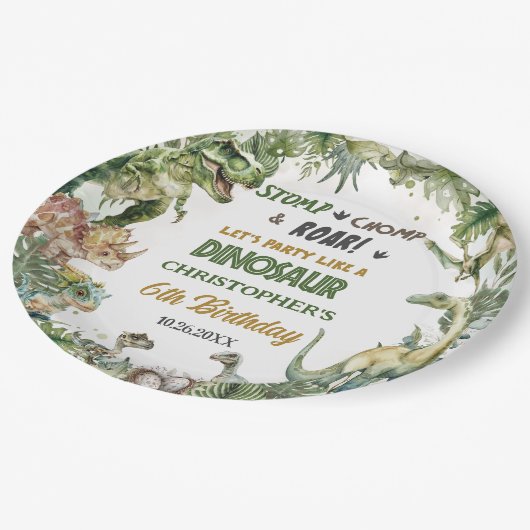 Greenery Dinosaurs Jurassic Boy Birthday Round Pappteller (Schrägansicht)
