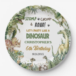 Greenery Dinosaurs Jurassic Boy Birthday Round Pappteller