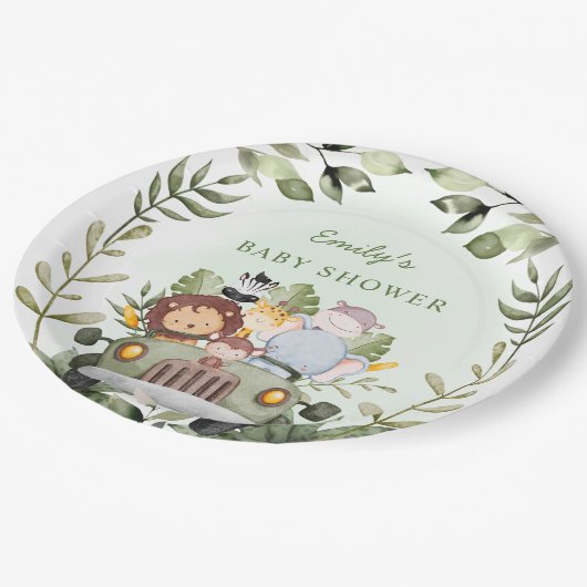Greenery Dschungle Safari Wild Animals Baby Dusche Pappteller (Schrägansicht)