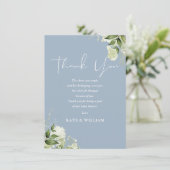 Greenery Dusty Blue Baby Shower Gedicht Dankeskarte (Stehend Vorderseite)
