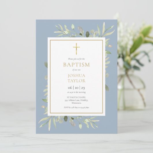 Greenery Dusty Blue Baptism Christening QR Code Einladung (Stehend Vorderseite)