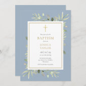 Greenery Dusty Blue Baptism Christening QR Code Einladung (Vorne/Hinten)