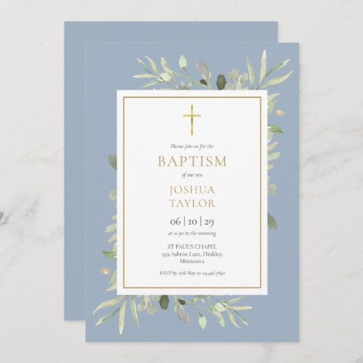 Greenery Dusty Blue Baptism Christening QR Code Einladung (Vorne/Hinten)