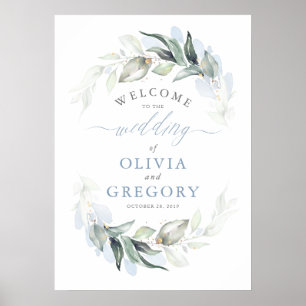 Greenery Dusty Blue Elegante Wedding Willkommen Poster