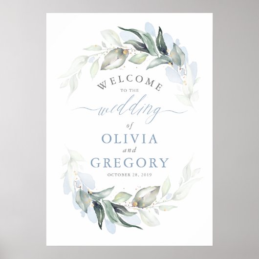 Greenery Dusty Blue Elegante Wedding Willkommen Poster (Vorne)