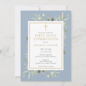 Greenery Dusty Blue First Holy Communion Einladung (Vorderseite)