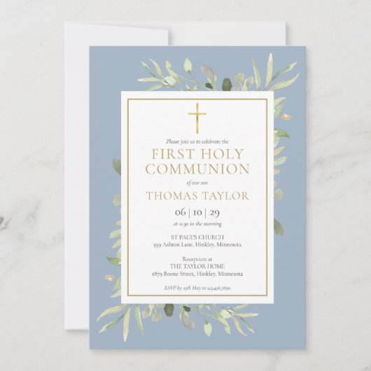 Greenery Dusty Blue First Holy Communion Einladung (Vorderseite)