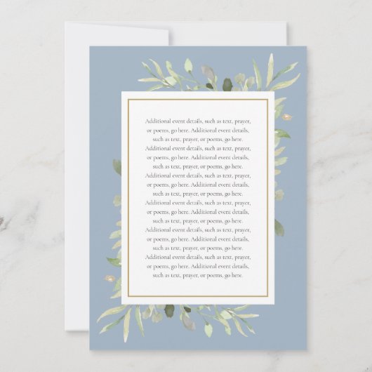 Greenery Dusty Blue First Holy Communion Einladung (Rückseite)