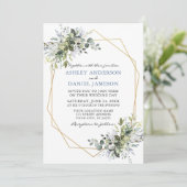 Greenery Dusty Blue Geo Frame Foto Wedding Einladung (Stehend Vorderseite)