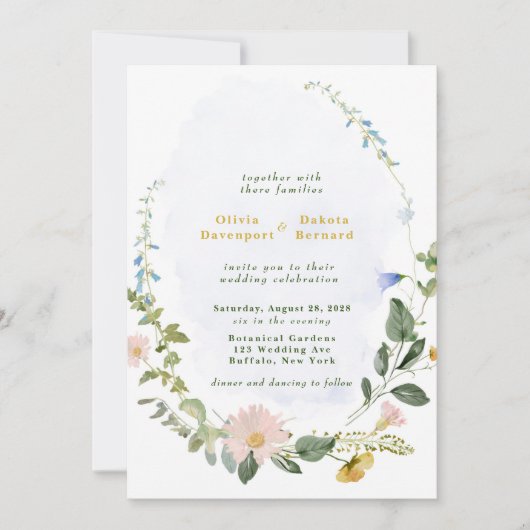 Greenery Dusty Blue Gold Wildblumen Wedding Einladung (Vorderseite)