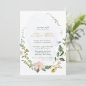 Greenery Dusty Blue Gold Wildblumen Wedding Einladung (Stehend Vorderseite)