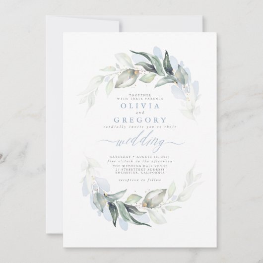 Greenery Dusty Blue Moderne Elegante Hochzeit Einladung (Vorderseite)