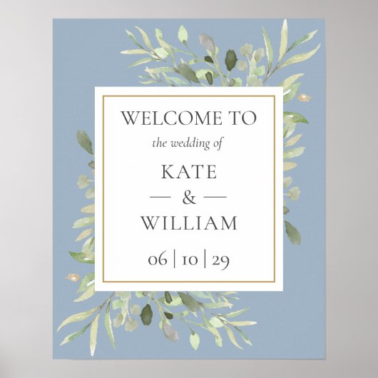 Greenery Dusty Blue Wedding Willkommenszeichen Poster (Vorne)