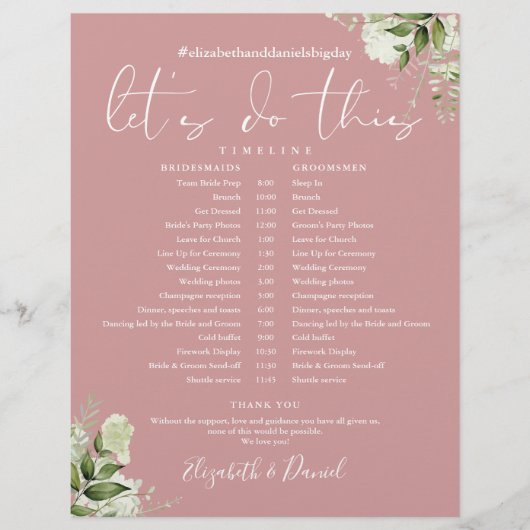 Greenery Dusty Rose Wedding Zeitplan Timeline (Vorderseite)