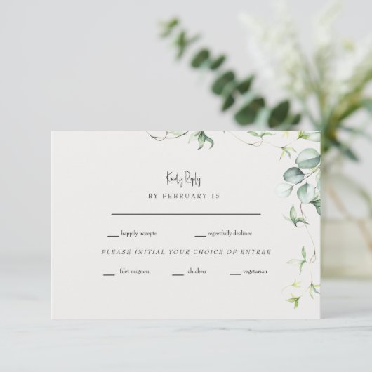 Greenery Elegance Cream Wedding RSVP (Stehend Vorderseite)