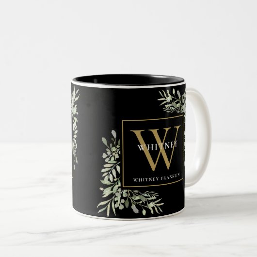 Greenery Elegant Black Gold Personalisiert Monogra Zweifarbige Tasse (VorderseiteRechts)