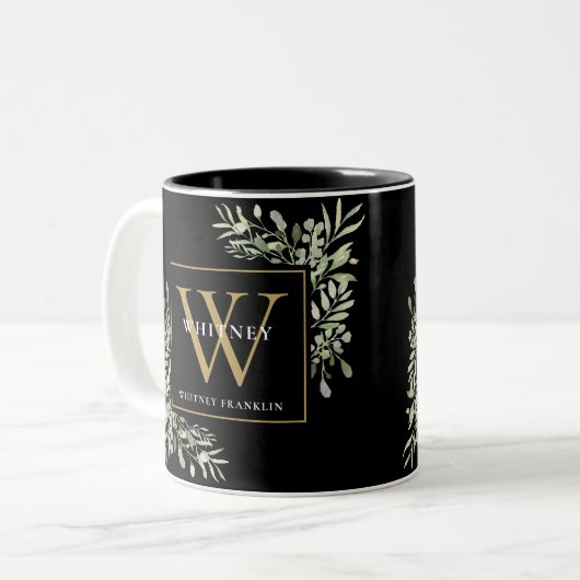 Greenery Elegant Black Gold Personalisiert Monogra Zweifarbige Tasse (Vorderseite Links)