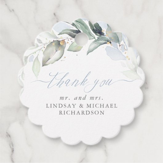 Greenery Elegant Dusty Blue Wedding Vielen Dank Geschenkanhänger (Vorderseite)