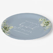 Greenery Elegant Floral Dusty Blue Brautparty Pappteller (Schrägansicht)