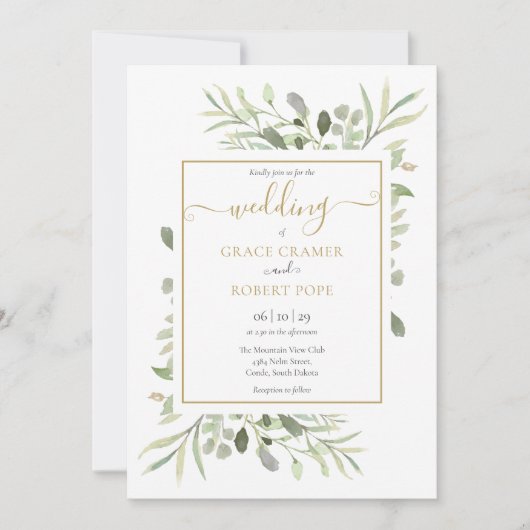 Greenery Elegant Gold Script Foto Wedding Einladung (Vorderseite)