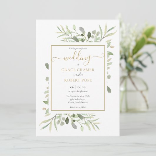 Greenery Elegant Gold Script Foto Wedding Einladung (Stehend Vorderseite)
