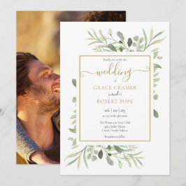 Greenery Elegant Gold Script Foto Wedding Einladung