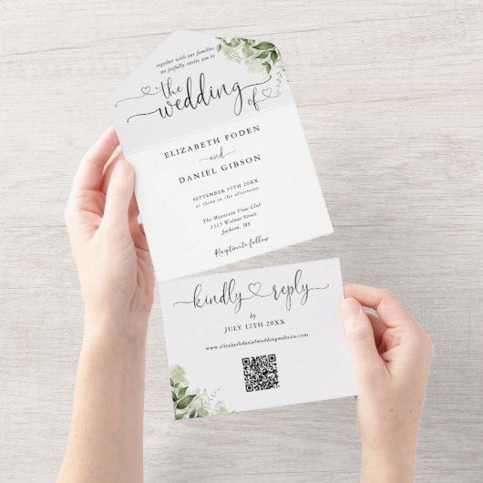 Greenery Elegant Script Hearts QR Code Wedding All In One Einladung (Abreißen)