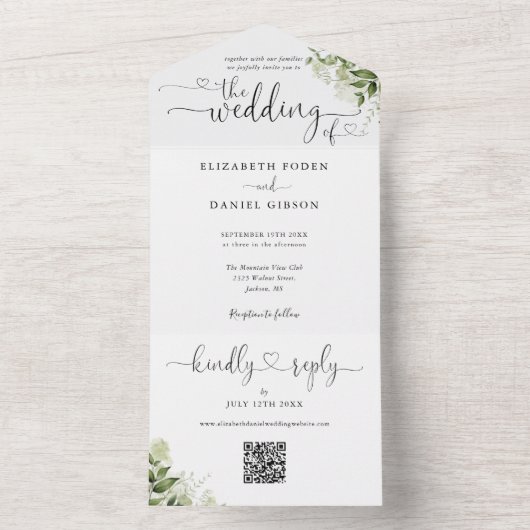 Greenery Elegant Script Hearts QR Code Wedding All In One Einladung (Innen Boden)